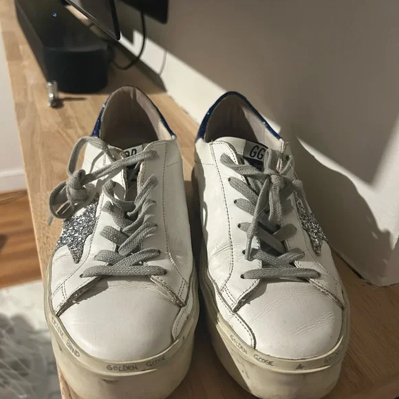 Golden Goose White and Blue Sneakers with Silver Star